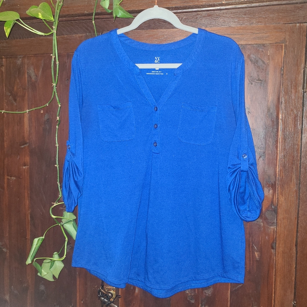 New York & Company Women's Blue Button-Up Top XL